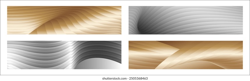 Wavy silver and gold parallel gradient lines, ribbons, silk. Set of 4 backgrounds. Black and white with shades of gray or golden silk. Banner, poster. eps vector