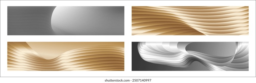 Wavy silver and gold parallel gradient lines, ribbons, silk. Set of 4 backgrounds. Black and white with shades of gray or golden silk. Banner, poster. eps vector
