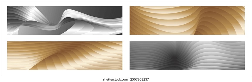 Wavy silver and gold parallel gradient lines, ribbons, silk. Set of 4 backgrounds. Black and white with shades of gray or golden silk. Banner, poster. eps vector