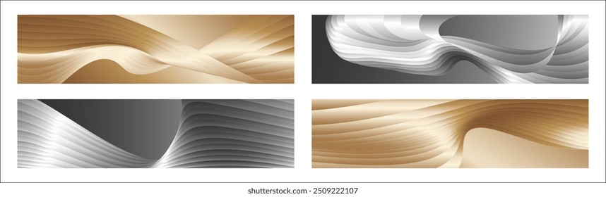 Wavy silver and gold parallel gradient lines, ribbons, silk. Set of 4 backgrounds. Black and white with shades of gray or golden silk. Banner, poster. eps vector