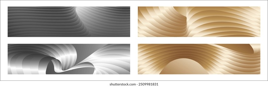 Wavy silver and gold parallel gradient lines, ribbons, silk. Set of 4 backgrounds. Black and white with shades of gray or golden silk. Banner, poster. eps vector