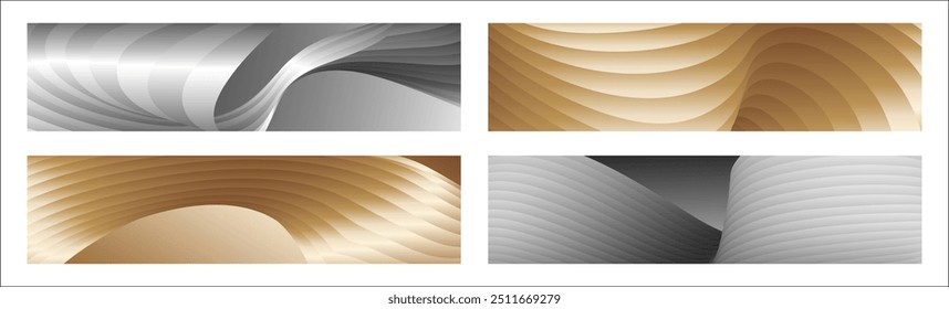 Wavy silver and gold parallel gradient lines, ribbons, silk. Set of 4 backgrounds. Black and white with shades of gray or golden silk. Banner, poster. eps vector