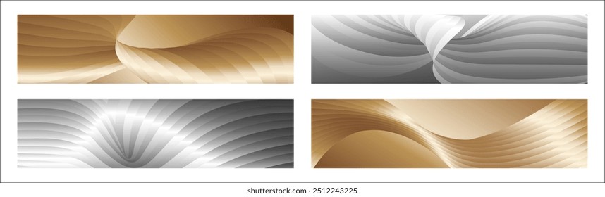 Wavy silver and gold parallel gradient lines, ribbons, silk. Set of 4 backgrounds. Black and white with shades of gray or golden silk. Banner, poster. eps vector