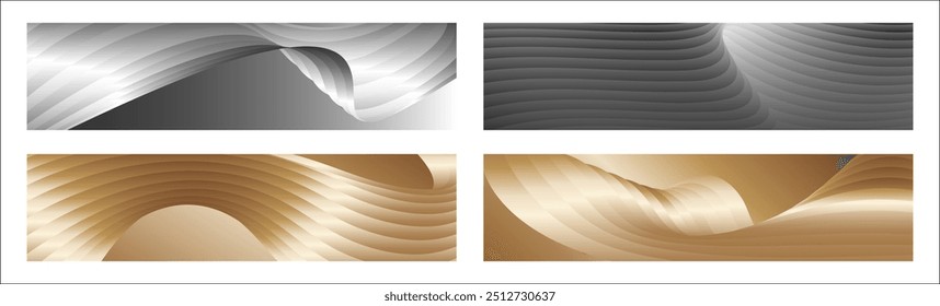 Wavy silver and gold parallel gradient lines, ribbons, silk. Set of 4 backgrounds. Black and white with shades of gray or golden silk. Banner, poster. eps vector