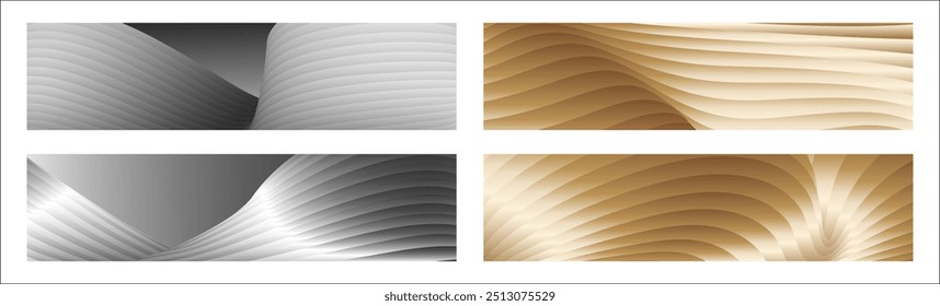 Wavy silver and gold parallel gradient lines, ribbons, silk. Set of 4 backgrounds. Black and white with shades of gray or golden silk. Banner, poster. eps vector