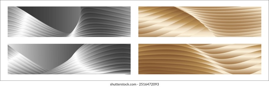 Wavy silver and gold parallel gradient lines, ribbons, silk. Set of 4 backgrounds. Black and white with shades of gray or golden silk. Banner, poster. eps vector
