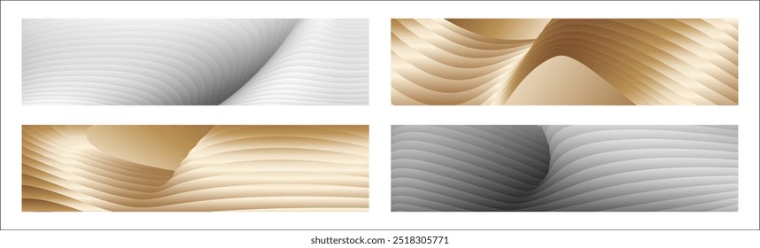 Wavy silver and gold parallel gradient lines, ribbons, silk. Set of 4 backgrounds. Black and white with shades of gray or golden silk. Banner, poster. eps vector