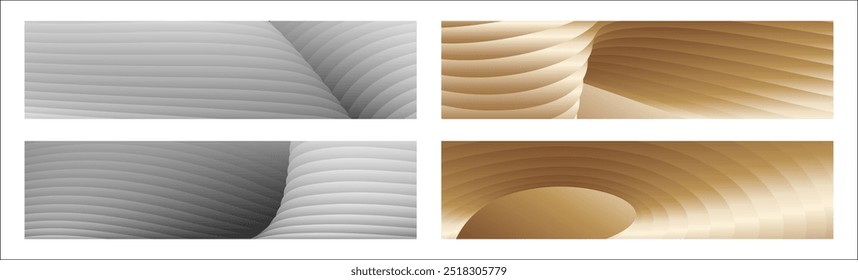 Wavy silver and gold parallel gradient lines, ribbons, silk. Set of 4 backgrounds. Black and white with shades of gray or golden silk. Banner, poster. eps vector