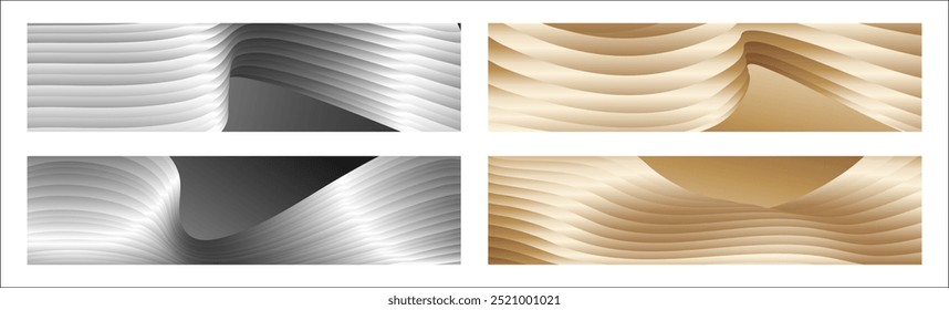 Wavy silver and gold parallel gradient lines, ribbons, silk. Set of 4 backgrounds. Black and white with shades of gray or golden silk. Banner, poster. eps vector