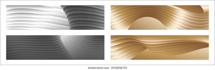 Wavy silver and gold parallel gradient lines, ribbons, silk. Set of 4 backgrounds. Black and white with shades of gray or golden silk. Banner, poster. eps vector