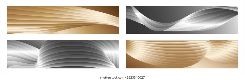 Wavy silver and gold parallel gradient lines, ribbons, silk. Set of 4 backgrounds. Black and white with shades of gray or golden silk. Banner, poster. eps vector