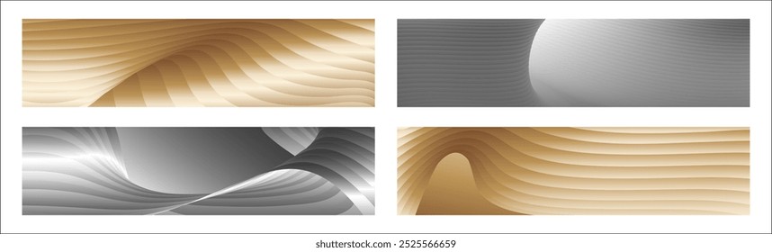 Wavy silver and gold parallel gradient lines, ribbons, silk. Set of 4 backgrounds. Black and white with shades of gray or golden silk. Banner, poster. eps vector