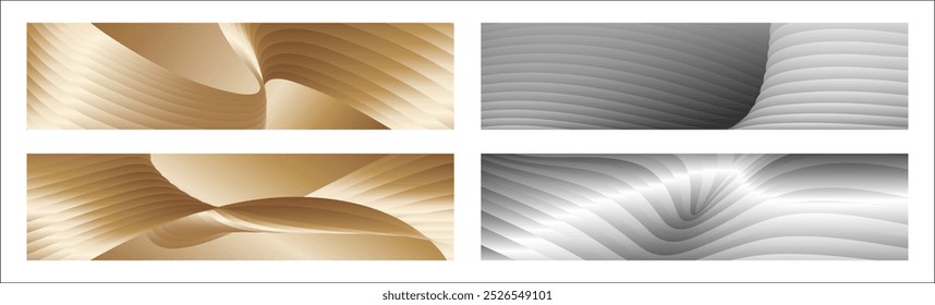 Wavy silver and gold parallel gradient lines, ribbons, silk. Set of 4 backgrounds. Black and white with shades of gray or golden silk. Banner, poster. eps vector