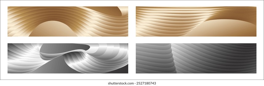Wavy silver and gold parallel gradient lines, ribbons, silk. Set of 4 backgrounds. Black and white with shades of gray or golden silk. Banner, poster. eps vector