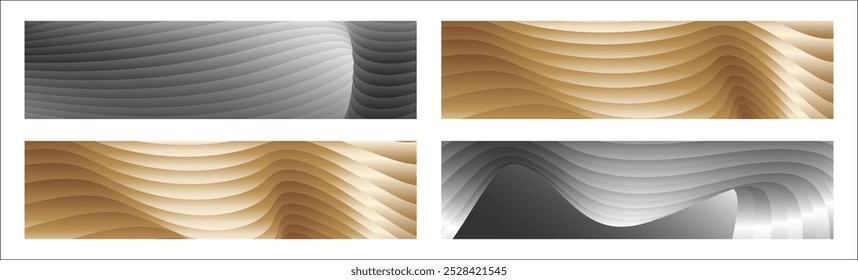Wavy silver and gold parallel gradient lines, ribbons, silk. Set of 4 backgrounds. Black and white with shades of gray or golden silk. Banner, poster. eps vector