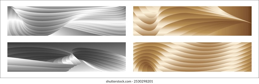 Wavy silver and gold parallel gradient lines, ribbons, silk. Set of 4 backgrounds. Black and white with shades of gray or golden silk. Banner, poster. eps vector