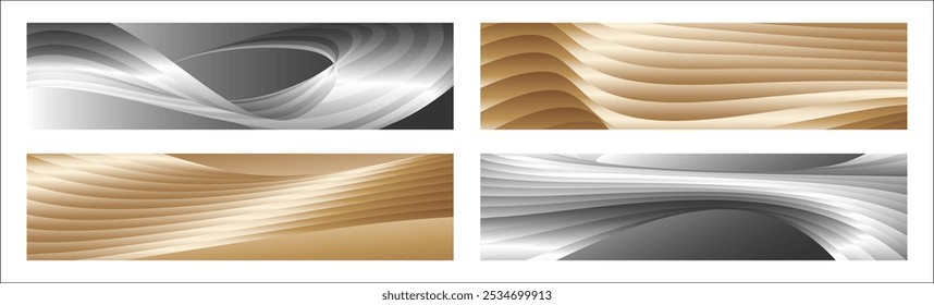 Wavy silver and gold parallel gradient lines, ribbons, silk. Set of 4 backgrounds. Black and white with shades of gray or golden silk. Banner, poster. eps vector