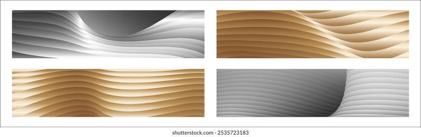 Wavy silver and gold parallel gradient lines, ribbons, silk. Set of 4 backgrounds. Black and white with shades of gray or golden silk. Banner, poster. eps vector