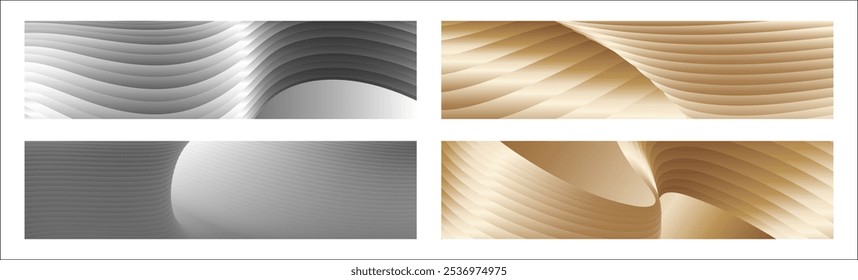 Wavy silver and gold parallel gradient lines, ribbons, silk. Set of 4 backgrounds. Black and white with shades of gray or golden silk. Banner, poster. eps vector