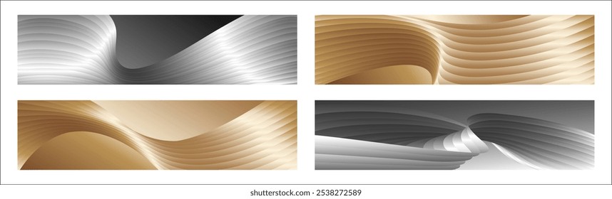 Wavy silver and gold parallel gradient lines, ribbons, silk. Set of 4 backgrounds. Black and white with shades of gray or golden silk. Banner, poster. eps vector