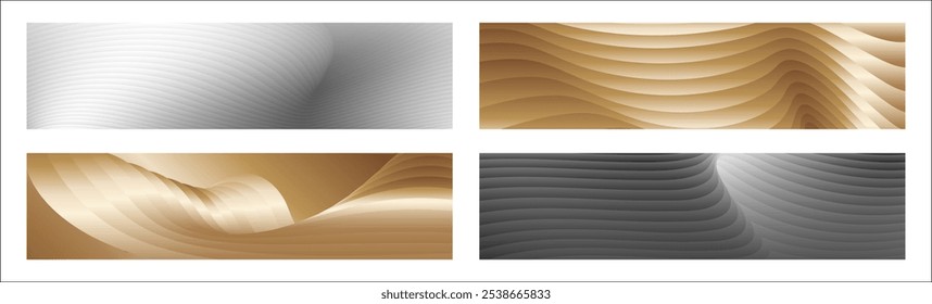 Wavy silver and gold parallel gradient lines, ribbons, silk. Set of 4 backgrounds. Black and white with shades of gray or golden silk. Banner, poster. eps vector