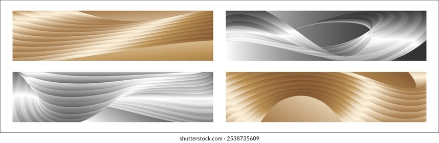 Wavy silver and gold parallel gradient lines, ribbons, silk. Set of 4 backgrounds. Black and white with shades of gray or golden silk. Banner, poster. eps vector