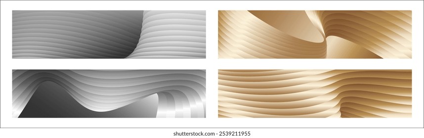 Wavy silver and gold parallel gradient lines, ribbons, silk. Set of 4 backgrounds. Black and white with shades of gray or golden silk. Banner, poster. eps vector