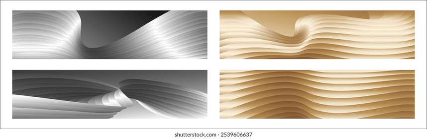 Wavy silver and gold parallel gradient lines, ribbons, silk. Set of 4 backgrounds. Black and white with shades of gray or golden silk. Banner, poster. eps vector