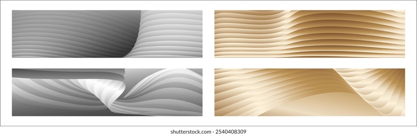 Wavy silver and gold parallel gradient lines, ribbons, silk. Set of 4 backgrounds. Black and white with shades of gray or golden silk. Banner, poster. eps vector