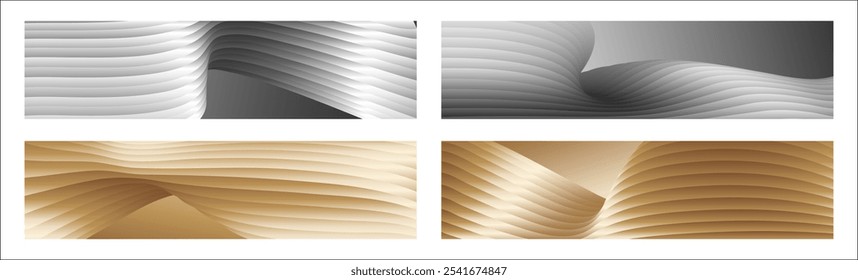 Wavy silver and gold parallel gradient lines, ribbons, silk. Set of 4 backgrounds. Black and white with shades of gray or golden silk. Banner, poster. eps vector