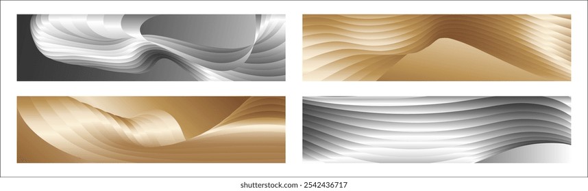 Wavy silver and gold parallel gradient lines, ribbons, silk. Set of 4 backgrounds. Black and white with shades of gray or golden silk. Banner, poster. eps vector