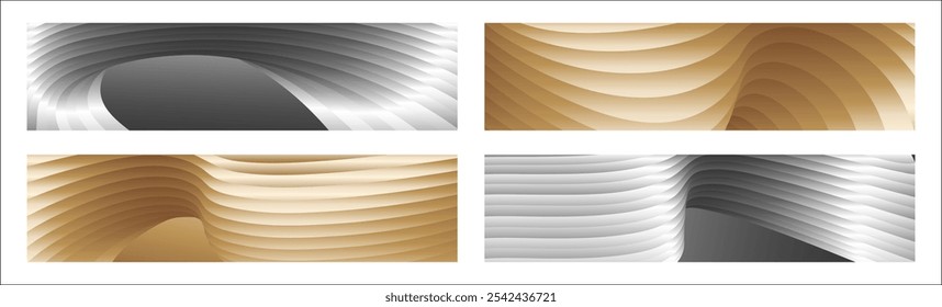 Wavy silver and gold parallel gradient lines, ribbons, silk. Set of 4 backgrounds. Black and white with shades of gray or golden silk. Banner, poster. eps vector