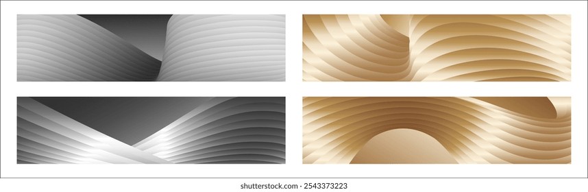 Wavy silver and gold parallel gradient lines, ribbons, silk. Set of 4 backgrounds. Black and white with shades of gray or golden silk. Banner, poster. eps vector