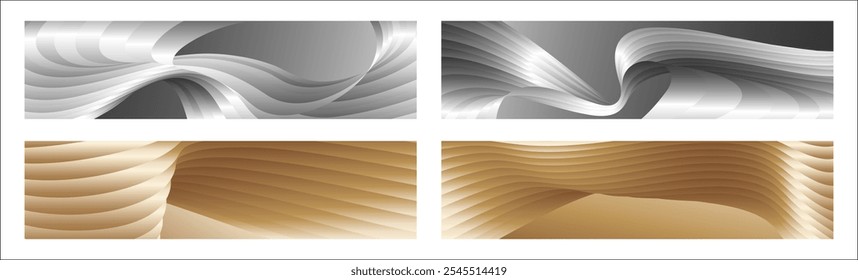 Wavy silver and gold parallel gradient lines, ribbons, silk. Set of 4 backgrounds. Black and white with shades of gray or golden silk. Banner, poster. eps vector