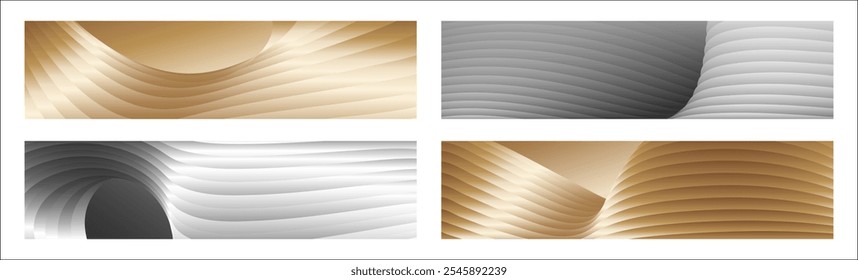 Wavy silver and gold parallel gradient lines, ribbons, silk. Set of 4 backgrounds. Black and white with shades of gray or golden silk. Banner, poster. eps vector