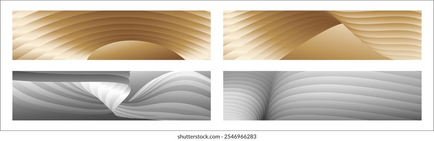 Wavy silver and gold parallel gradient lines, ribbons, silk. Set of 4 backgrounds. Black and white with shades of gray or golden silk. Banner, poster. eps vector