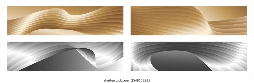 Wavy silver and gold parallel gradient lines, ribbons, silk. Set of 4 backgrounds. Black and white with shades of gray or golden silk. Banner, poster. eps vector