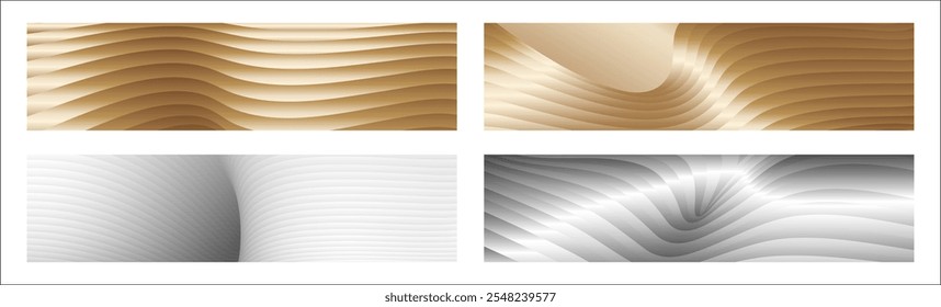 Wavy silver and gold parallel gradient lines, ribbons, silk. Set of 4 backgrounds. Black and white with shades of gray or golden silk. Banner, poster. eps vector