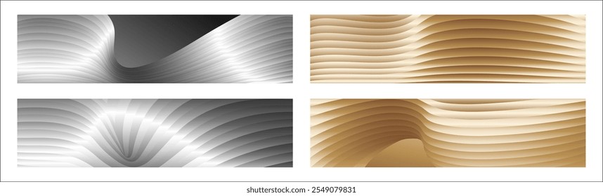 Wavy silver and gold parallel gradient lines, ribbons, silk. Set of 4 backgrounds. Black and white with shades of gray or golden silk. Banner, poster. eps vector