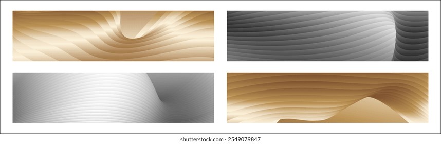 Wavy silver and gold parallel gradient lines, ribbons, silk. Set of 4 backgrounds. Black and white with shades of gray or golden silk. Banner, poster. eps vector