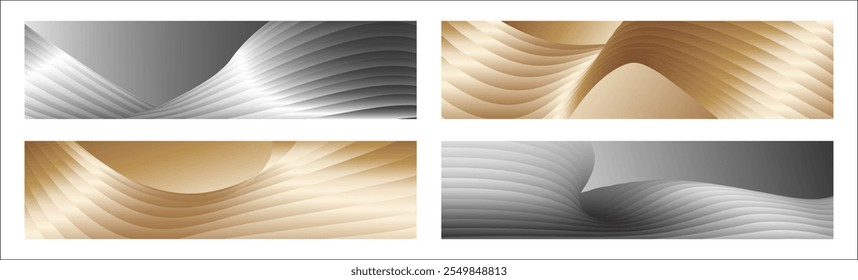 Wavy silver and gold parallel gradient lines, ribbons, silk. Set of 4 backgrounds. Black and white with shades of gray or golden silk. Banner, poster. eps vector