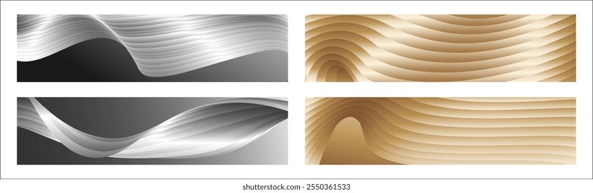 Wavy silver and gold parallel gradient lines, ribbons, silk. Set of 4 backgrounds. Black and white with shades of gray or golden silk. Banner, poster. eps vector