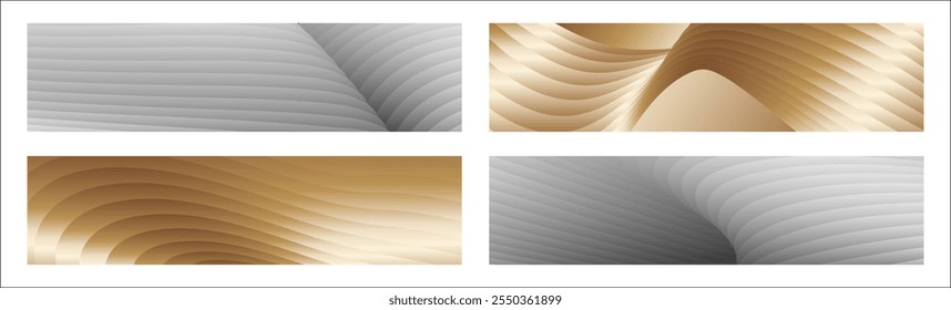 Wavy silver and gold parallel gradient lines, ribbons, silk. Set of 4 backgrounds. Black and white with shades of gray or golden silk. Banner, poster. eps vector