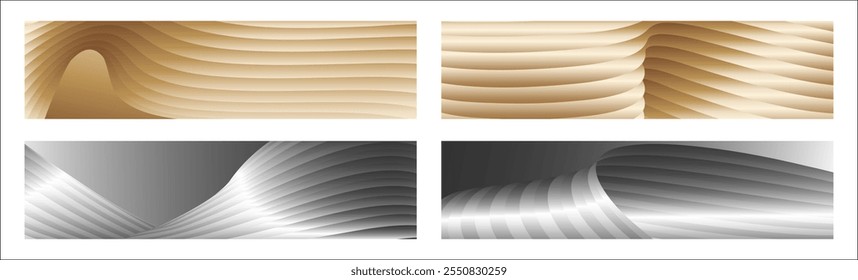 Wavy silver and gold parallel gradient lines, ribbons, silk. Set of 4 backgrounds. Black and white with shades of gray or golden silk. Banner, poster. eps vector