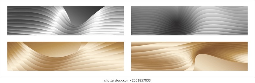 Wavy silver and gold parallel gradient lines, ribbons, silk. Set of 4 backgrounds. Black and white with shades of gray or golden silk. Banner, poster. eps vector