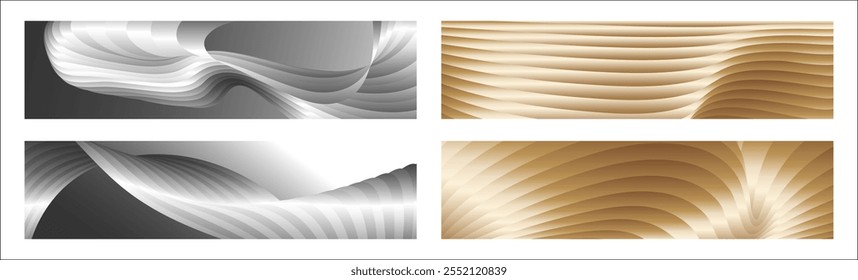 Wavy silver and gold parallel gradient lines, ribbons, silk. Set of 4 backgrounds. Black and white monochrome or golden silk background. Banner, poster. eps vector