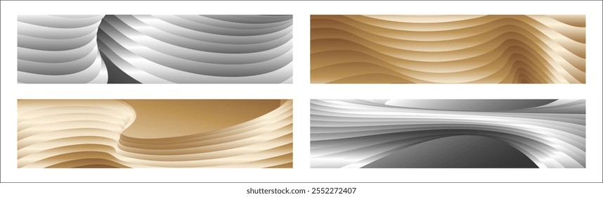 Wavy silver and gold parallel gradient lines, ribbons, silk. Set of 4 backgrounds. Black and white with shades of gray or golden silk. Banner, poster. eps vector