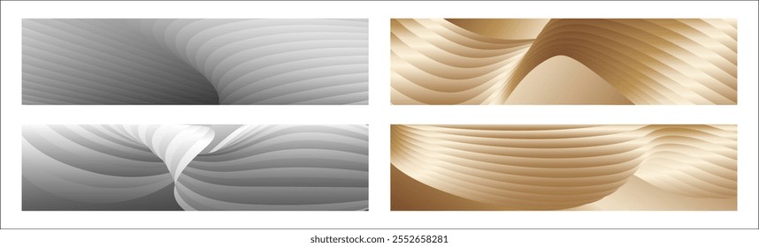 Wavy silver and gold parallel gradient lines, ribbons, silk. Set of 4 backgrounds. Black and white with shades of gray or golden silk. Banner, poster. eps vector