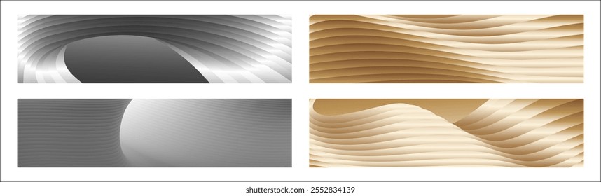 Wavy silver and gold parallel gradient lines, ribbons, silk. Set of 4 backgrounds. Black and white with shades of gray or golden silk. Banner, poster. eps vector