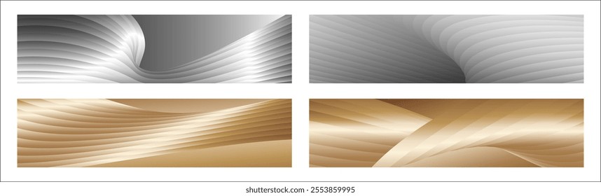 Wavy silver and gold parallel gradient lines, ribbons, silk. Set of 4 backgrounds. Black and white with shades of gray or golden silk. Banner, poster. eps vector